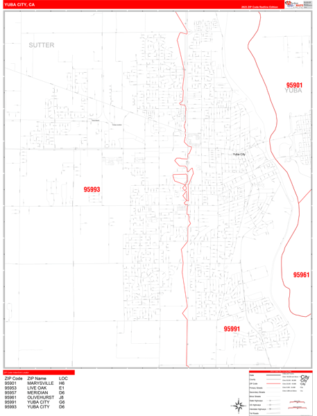 Yuba City City Digital Map Red Line Style